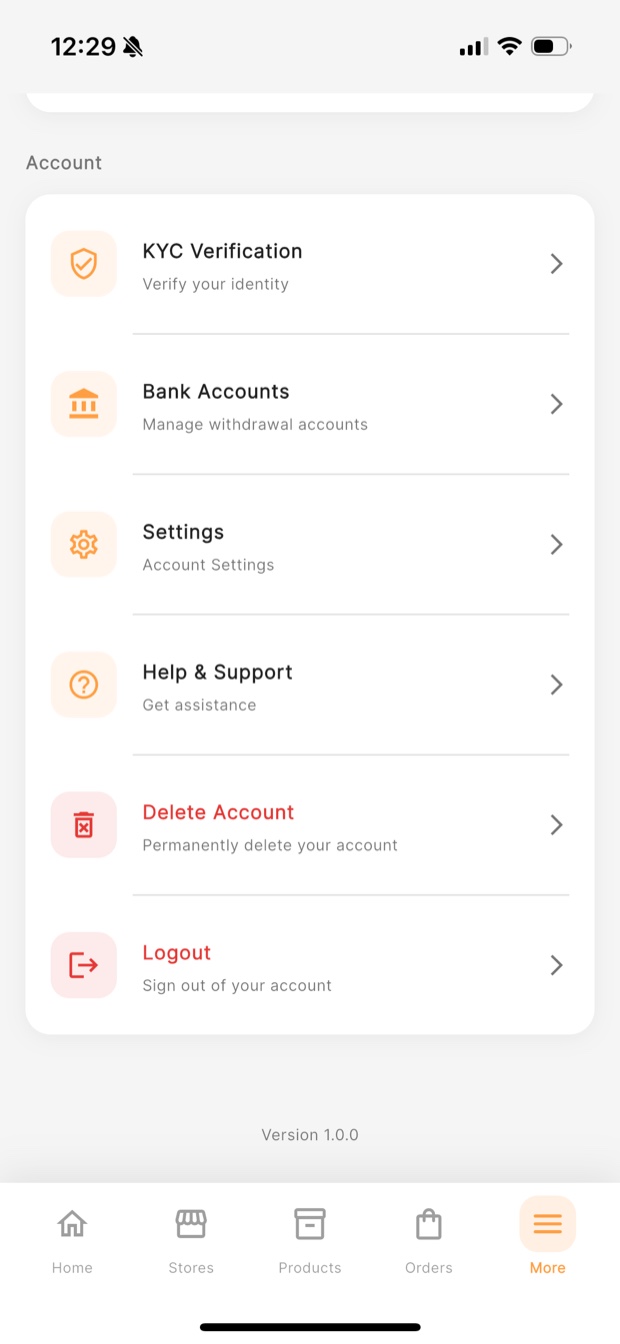 KarryBiz More menu, Account section, with Delete Account above Logout