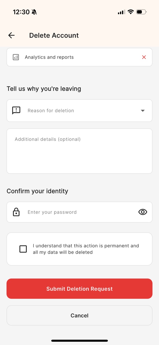 KarryBiz Delete Account screen: reason for deletion, password, confirmation checkbox and Submit Deletion Request button