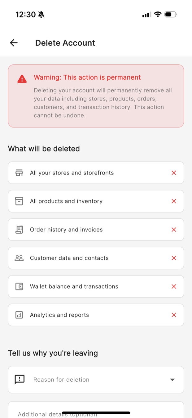 KarryBiz Delete Account screen: permanent-action warning and the list of what will be deleted