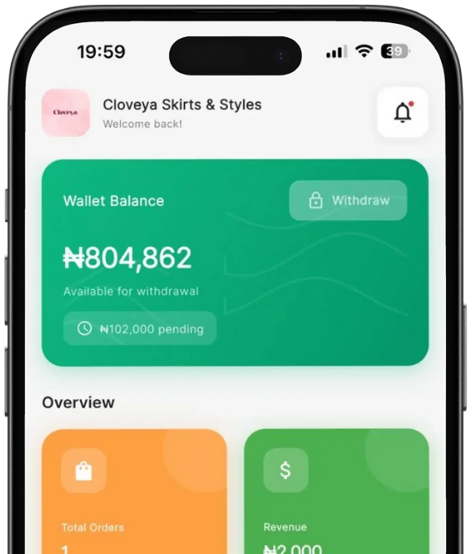 Karrybiz app dahboard displaying wallet balance