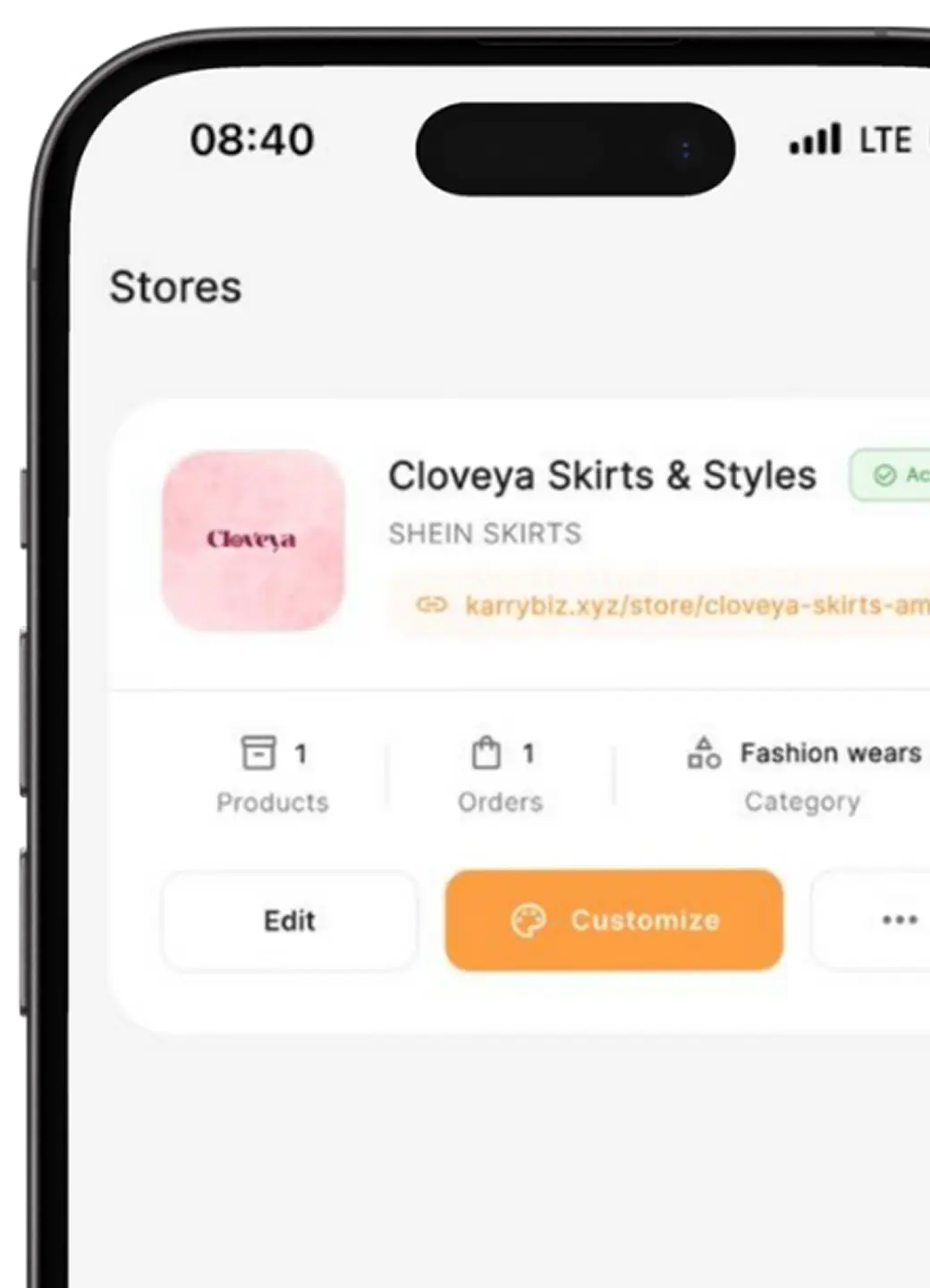 Phone mock up showing KarryBiz store list